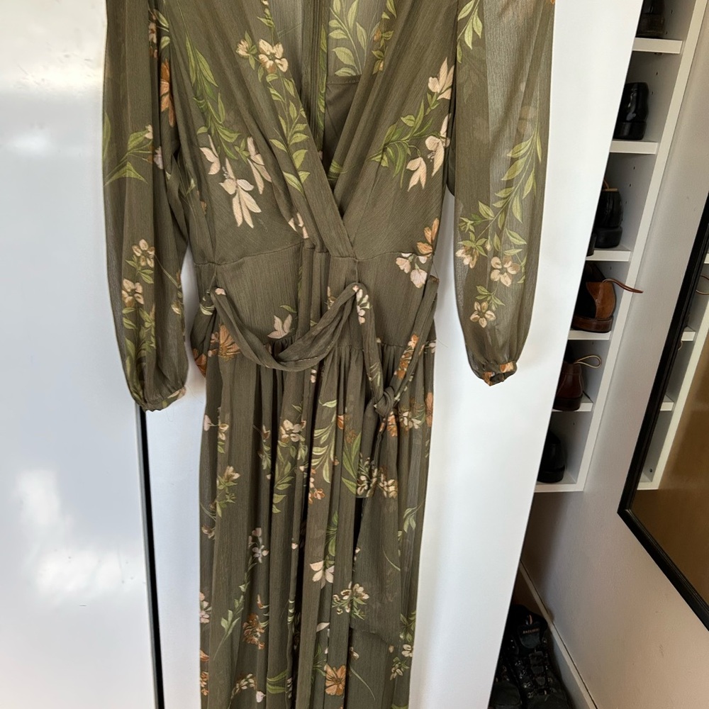 Calvin Klein Green Maxi Wrap Dress with Bishop Sleeves